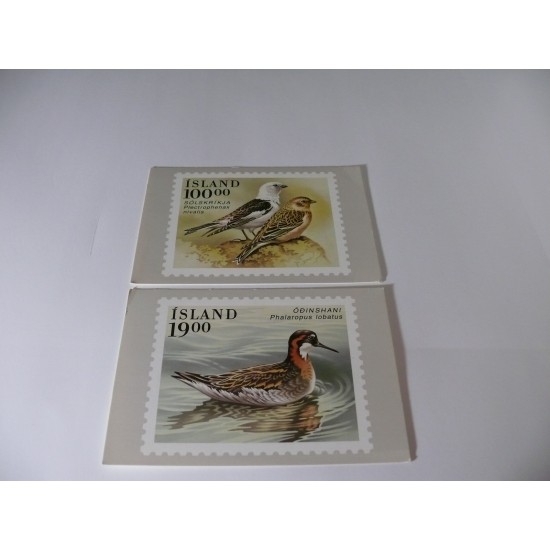 CARTE POSTALE RÉPRÉSENTANT 2 TIMBRES D'OISEAUX D'ISLANDE/2 POST CARDS DEPICTING BIRDS STAMPS FROM ICELAND!