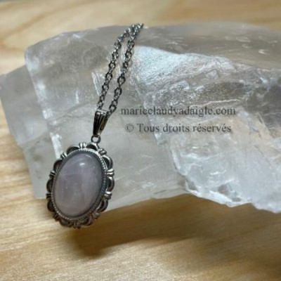 Pendentif quartz rose et acier inoxydable