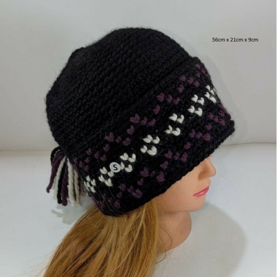 Tuque Inuit / Nassak Noire  - motifs blanc/mauve