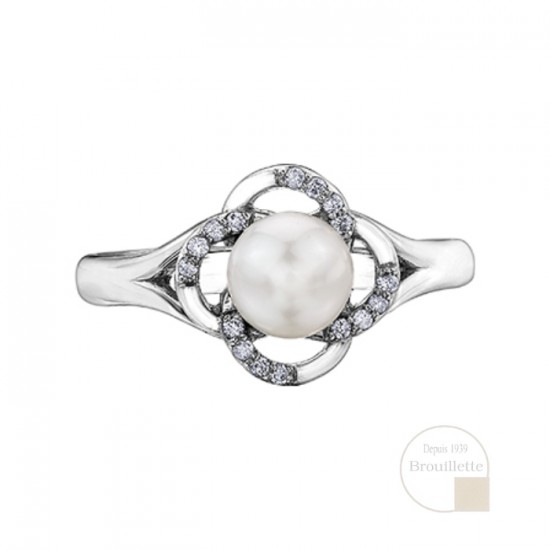 Bague pour femme en or blanc 10K avec perle et diamants de 0.08 carat (DD3077)