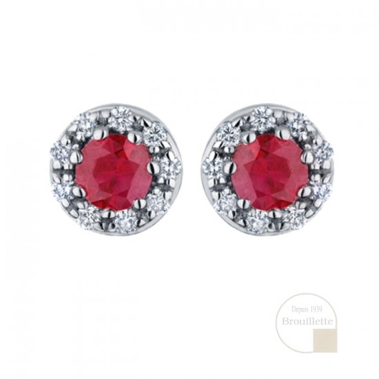 Boucles d'oreilles en or blanc 10K avec rubis et diamants 0.12 carat (DX586WRU)