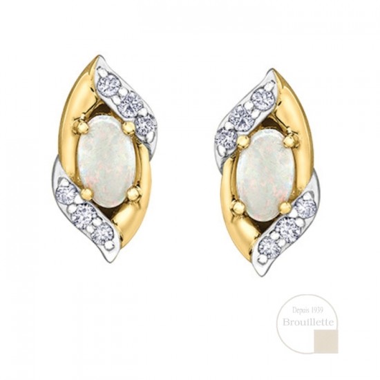 Boucles d'oreilles en or jaune 10K avec opales et diamants 0.10 carat (DD3103)