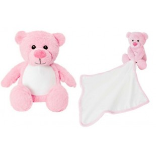 Duo : petit ourson rose avec sa doudou-peluche...