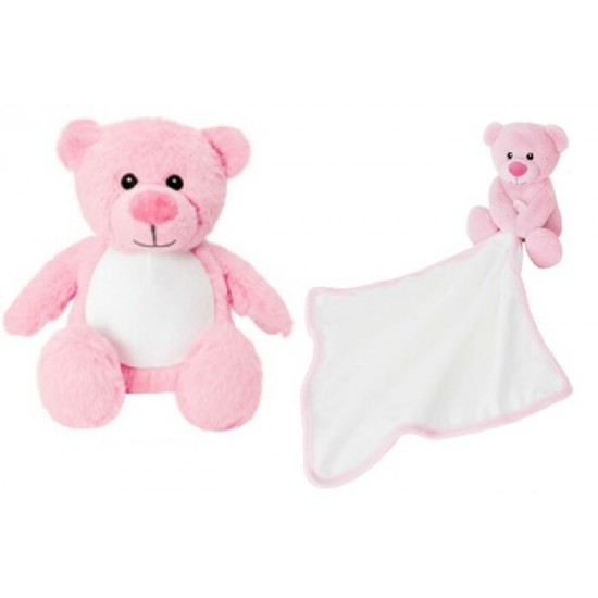 Duo : petit ourson rose avec sa doudou-peluche...