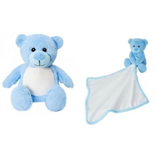 Duo : petit ourson bleu avec sa doudou-peluche...