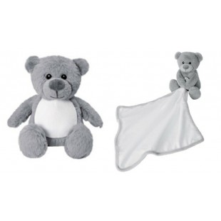 Duo : petit ourson gris avec sa doudou-peluche...