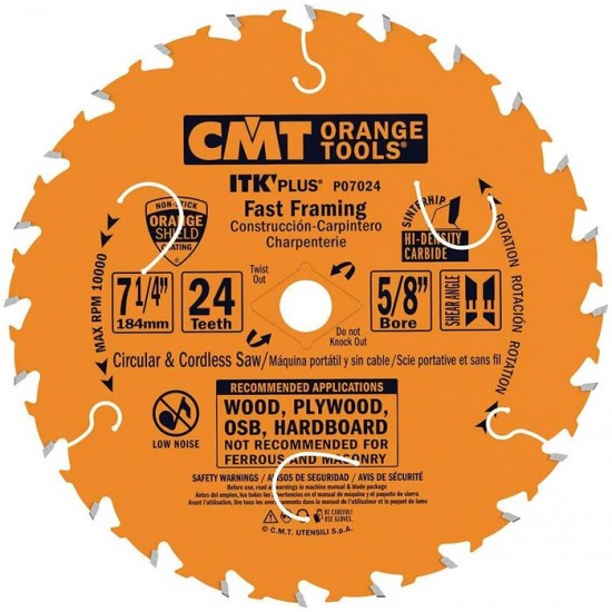 P07024 | CMT ITK PLUS P07024 7-1/4 in. x 24-Tooth Non-Stick Orange Shield Fast-Framing Wood Cutting Saw Blade