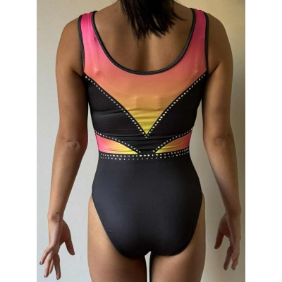 Maillot de gymnastique 4001-02, en noir avec touche de rose à jaune